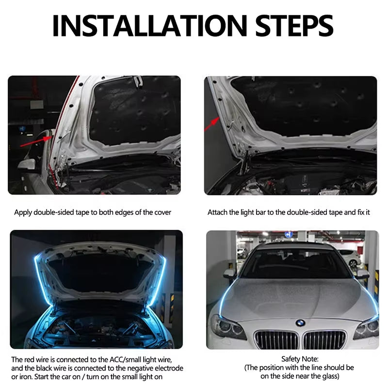 150Cm LED Daytime Running Light Scan Starting Car Hood Decorative Lights DRL Auto Engine Hood Guide Decorative Ambient Lamp 12V